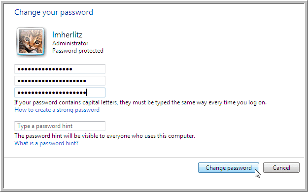 windows 7- changing password