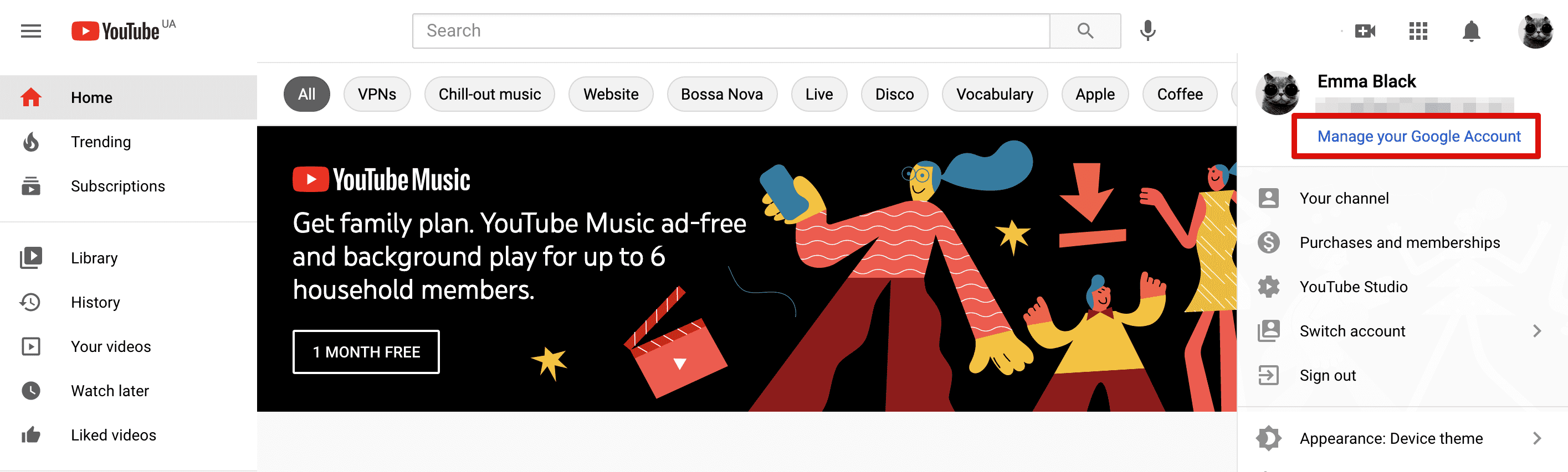 How to change YouTube password, Manage your Google Account button