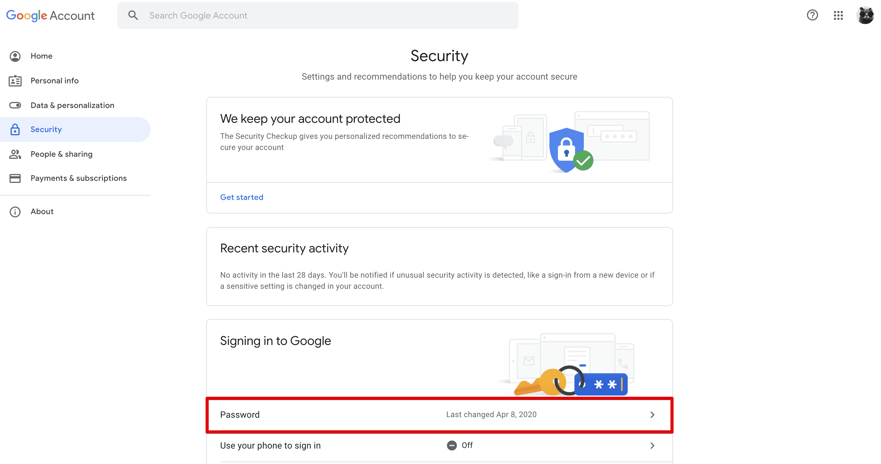 Password field on Google Security page