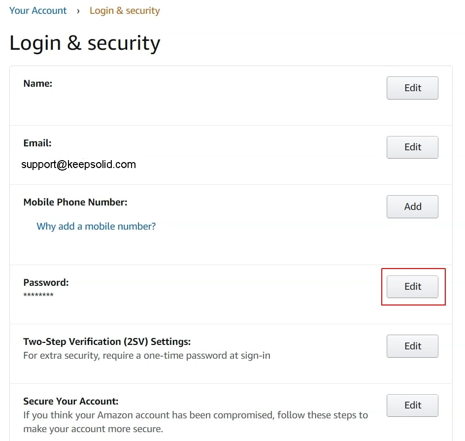 Amazon - change password