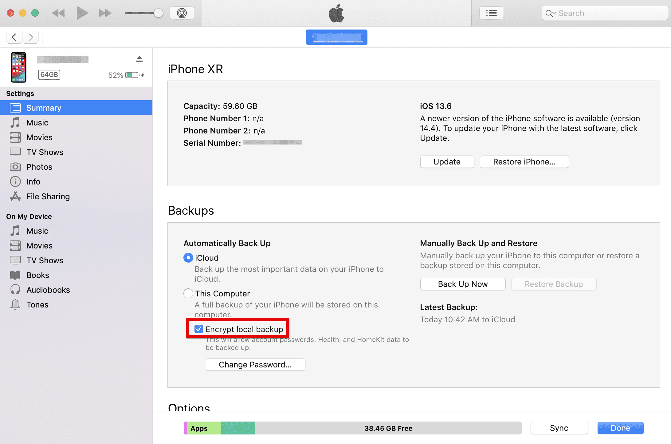 Encrypt local backup iPhone